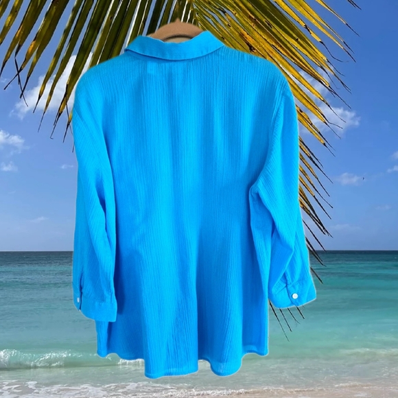 Lovely CHICO'S 100% Cotton Button Front Blouse Turquoise Chico's Size 2 (12/14) - Picture 2 of 4